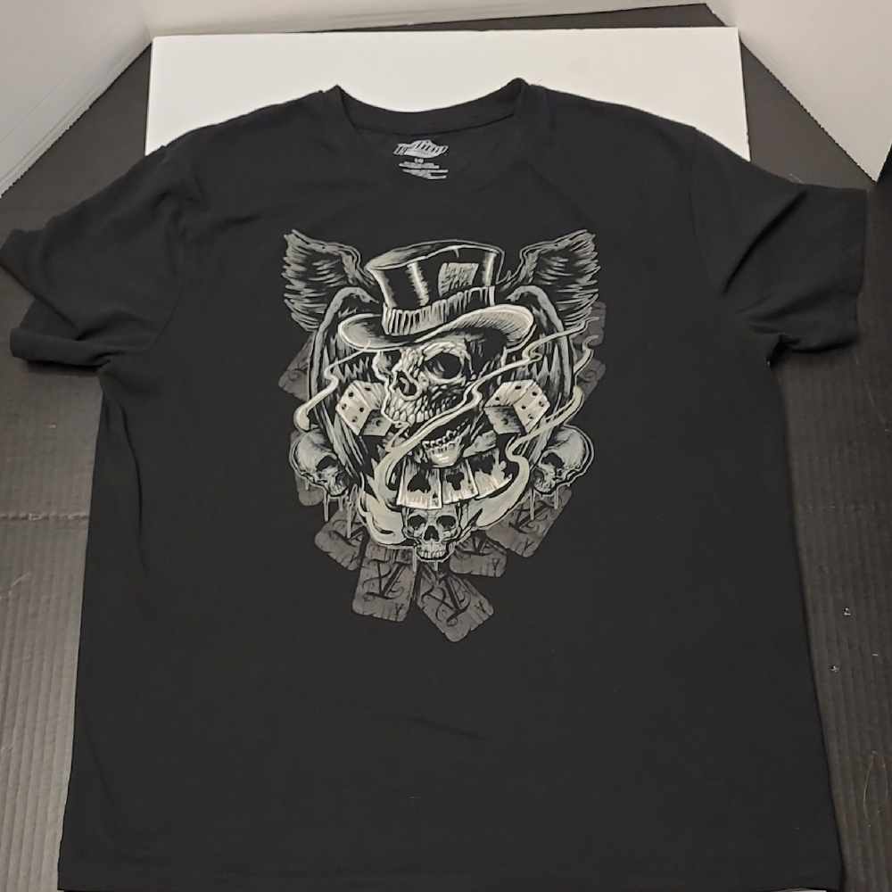Poker Skull Skeleton Wings Grunge Gothic Gray Graphic T-Shirt Men's Size L